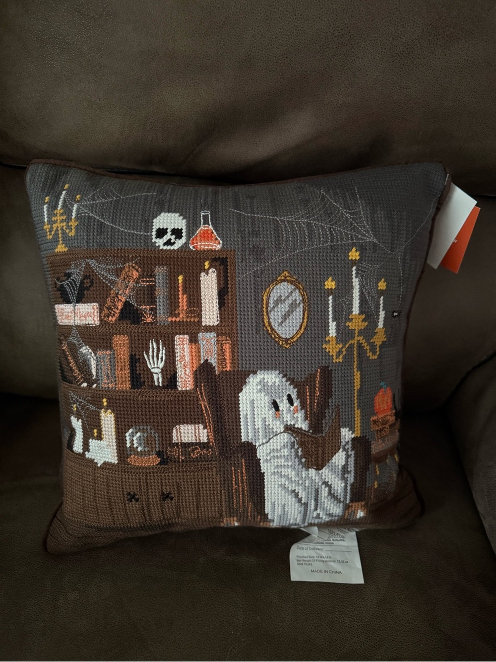 NEW Rachel Ashwell Ghost Reading Halloween Needlepoint Pillow | 14” x 14”